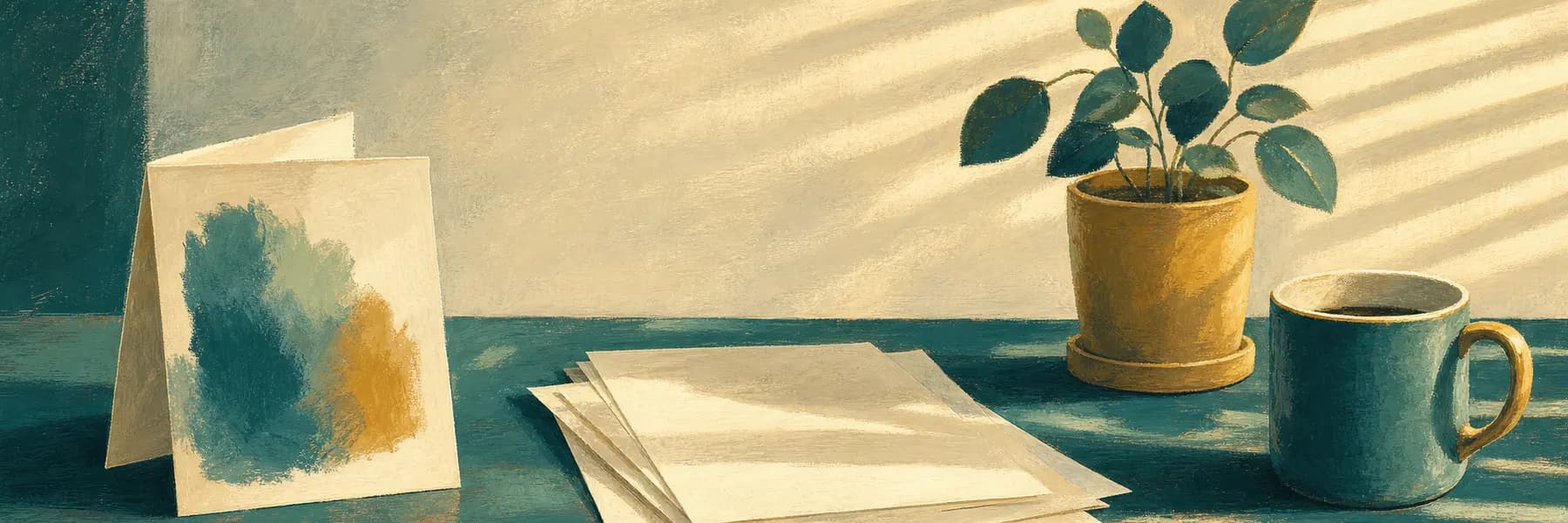 Painted banner of an open farewell card, speech pages, a potted plant, and a coffee mug in late sun