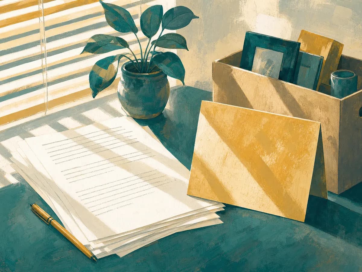 Painted still life of printed speech pages, a farewell card, a potted plant, and a packed box on an office desk